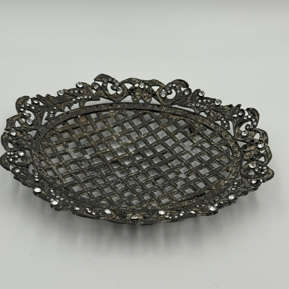 Vintage Style Distressed Metal Oval Rhinestone Scrollwork Footed Trivet Tray